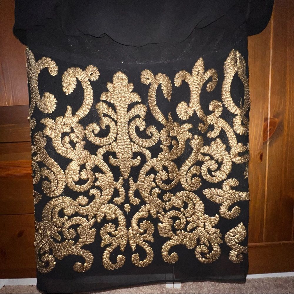BETSY & ADAM Black Chiffon Gold Sequin Cocktail Dress – Size 10 - Picture 3 of 7